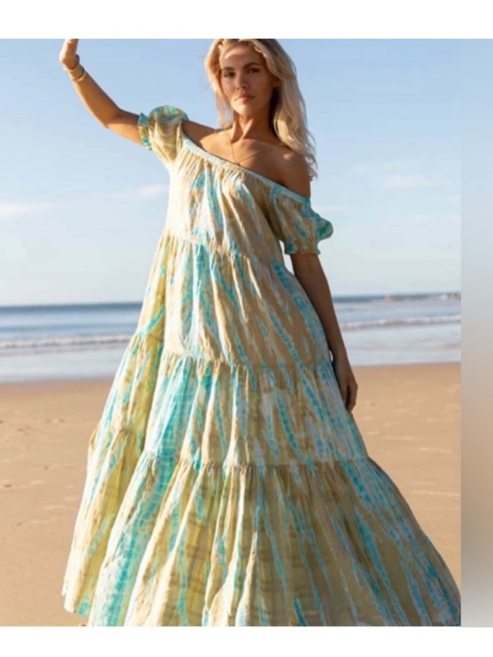 Young Fabulous & Broke Savannah Blue Tie Dye Off The Shoulder Sunny Maxi